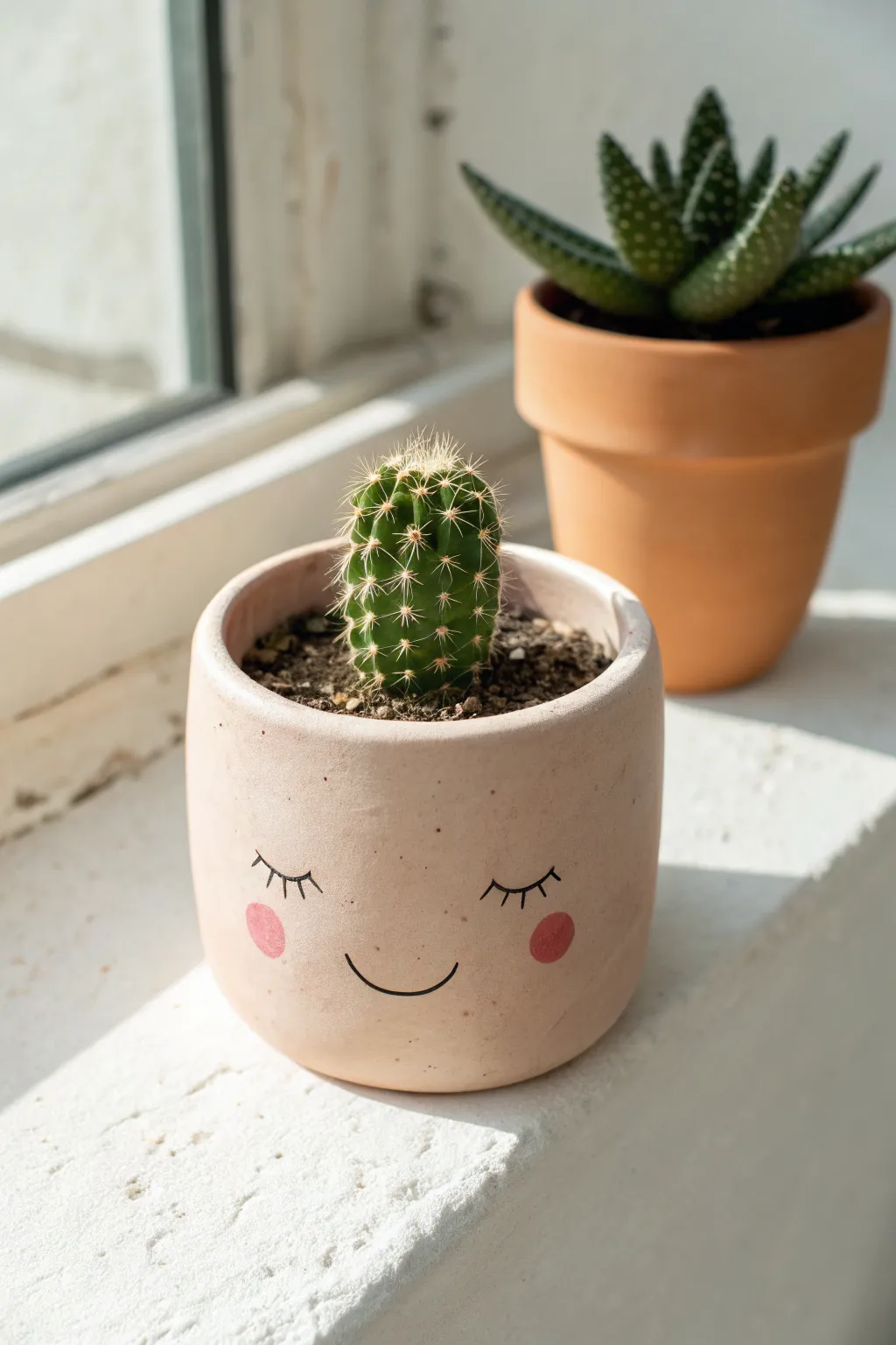 Thumb-sized clay mini planter with a sweet face and tiny cactus sprout in airy minimal light