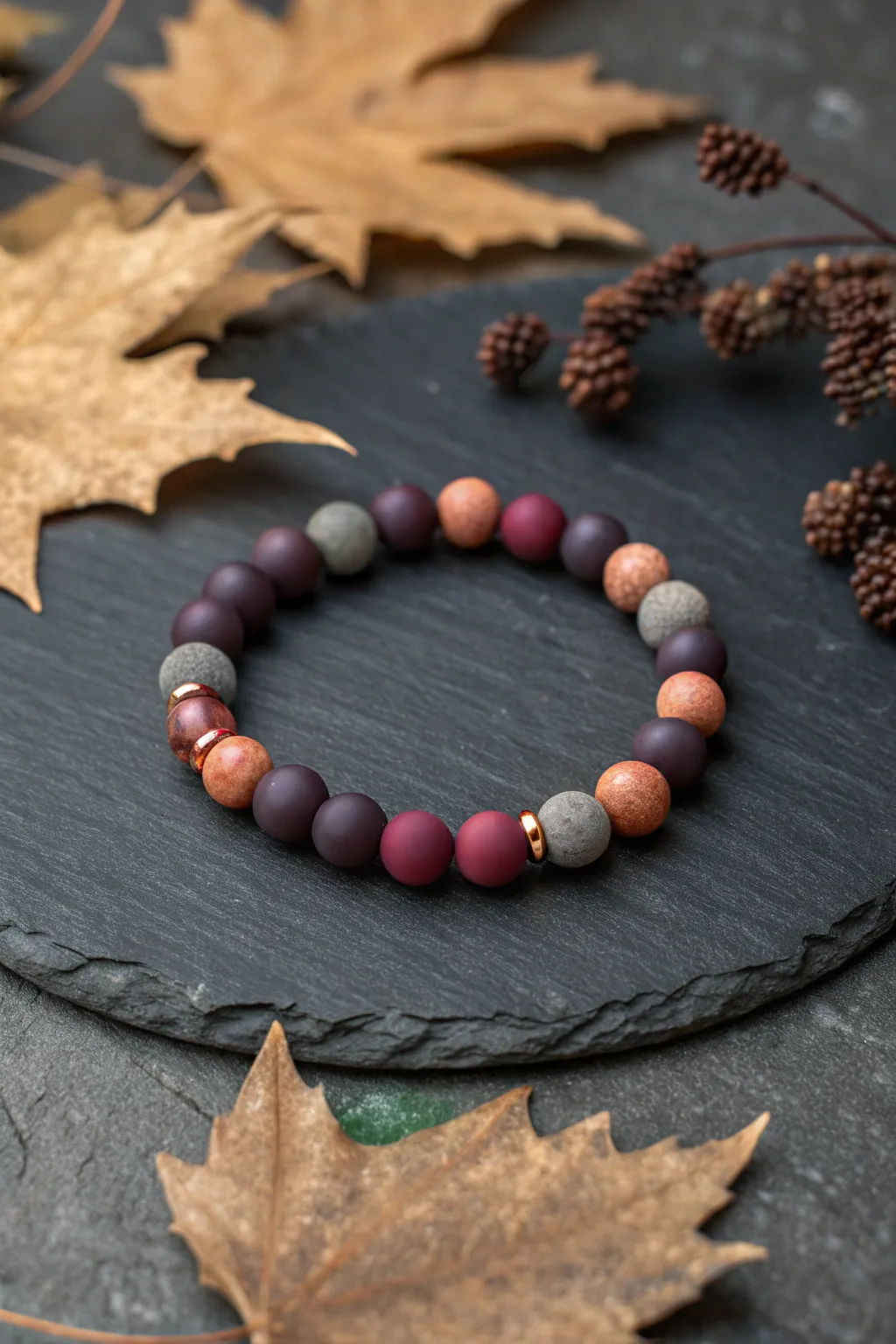 Moody autumn night bracelet in deep plum, smoky gray, and muted copper on slate stone.