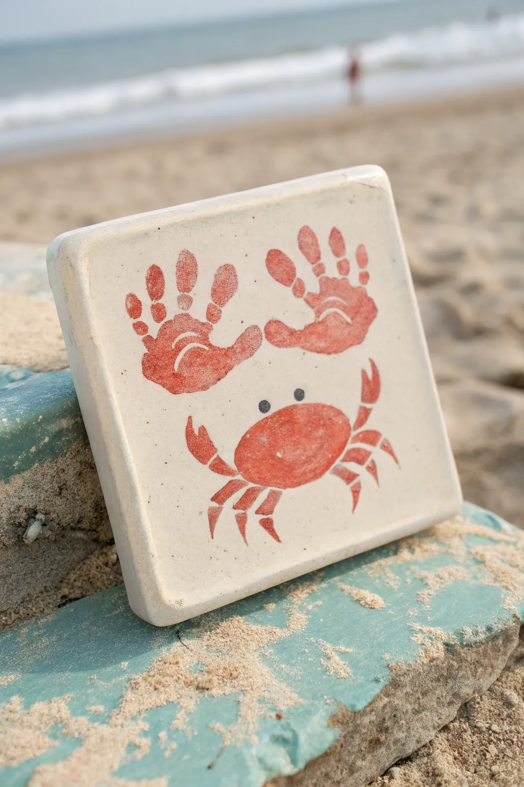 Sweet baby handprint crab plaque with sandy beach tones, minimal boho summer nursery decor