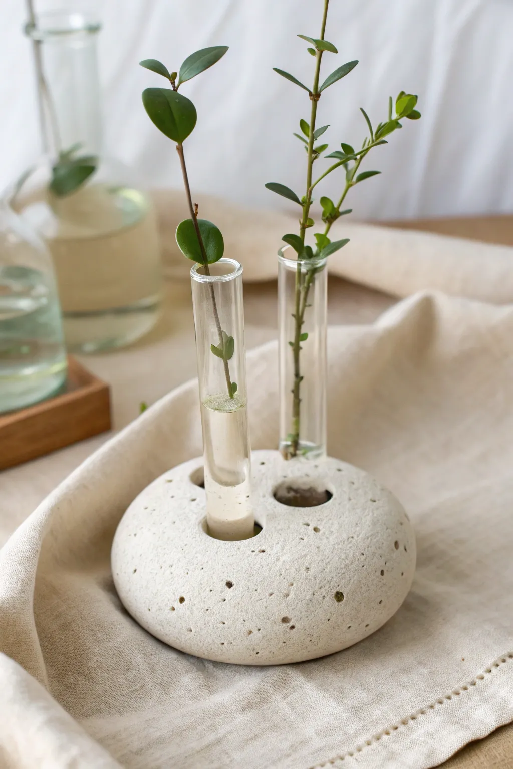 Minimal clay base with glass tubes for rooting cuttings, a simple bakeable clay project for any home.