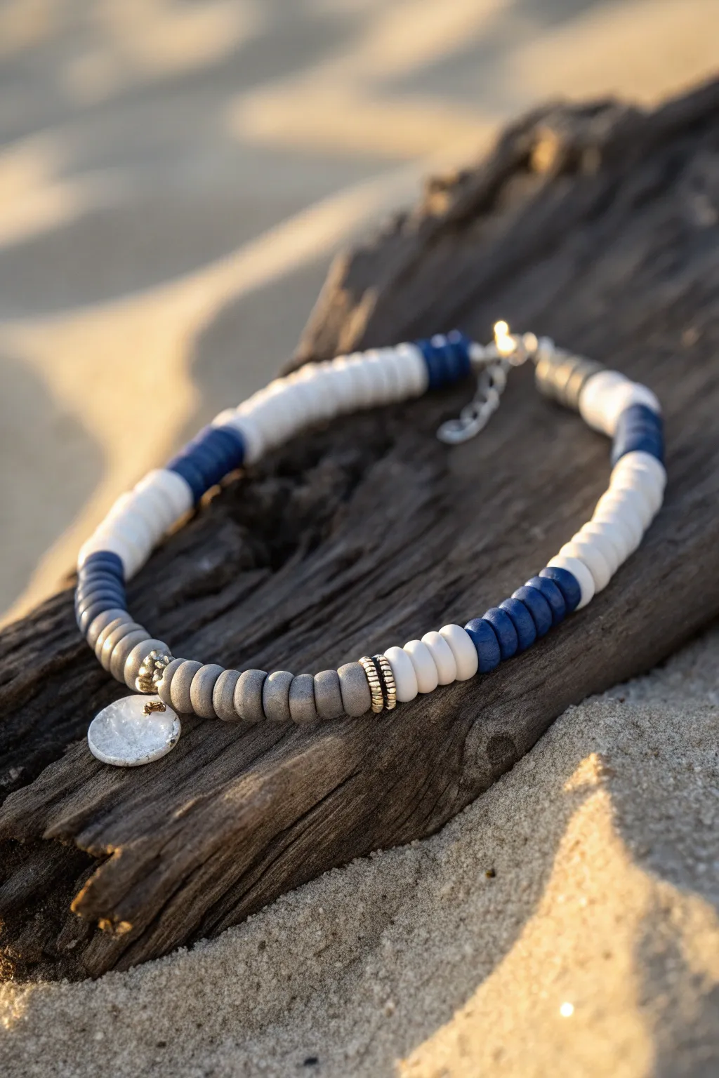 Midnight blue and silver heishi bracelet on driftwood, a moody beachy minimalist look