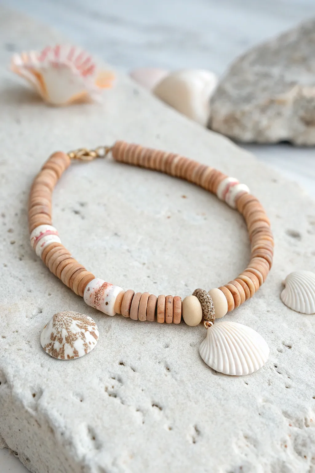Terrazzo shell-chip heishi bracelet in sandy tones, minimalist beach vibe, handcrafted and fresh.