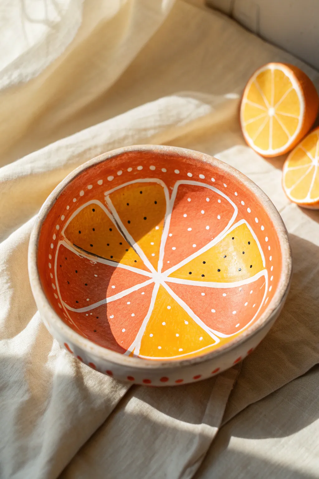Bright citrus slice painted clay bowl idea, simple to make, minimalist and cheerful
