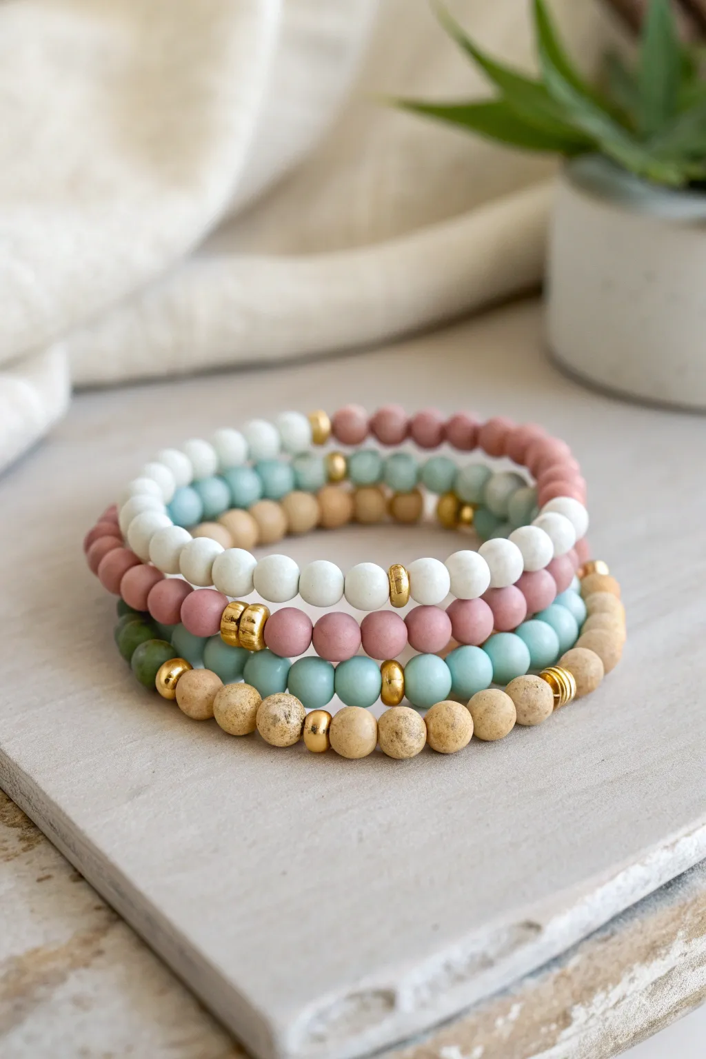 Seasonal clay bead bracelet trio in winter, spring, and autumn tones for easy colorway inspiration.