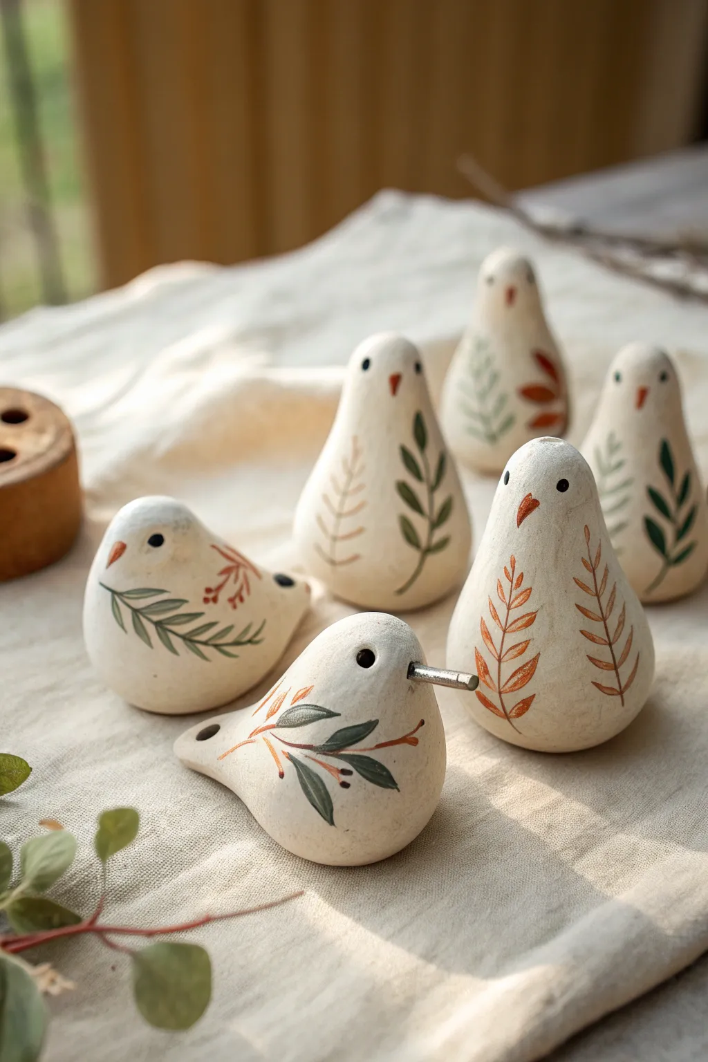 Tiny handmade clay whistles in soft earthy tones, styled minimal and boho on neutral linen.