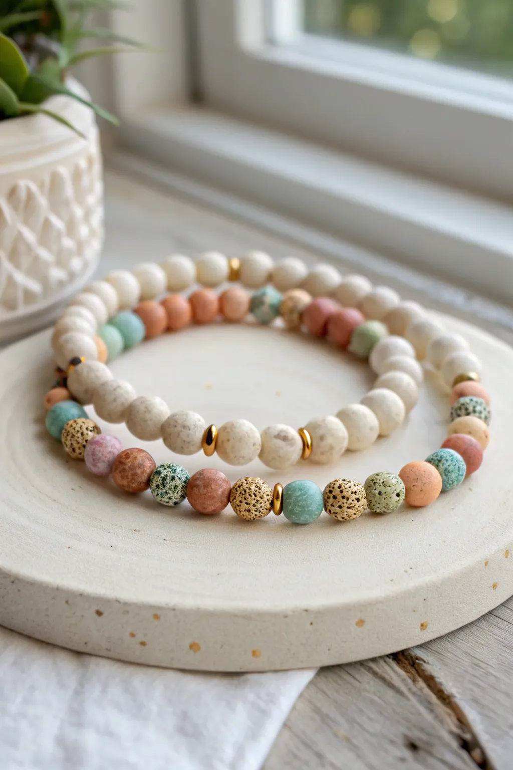 Terrazzo confetti BFF bracelet duo, minimalist clay discs with a playful speckled center.
