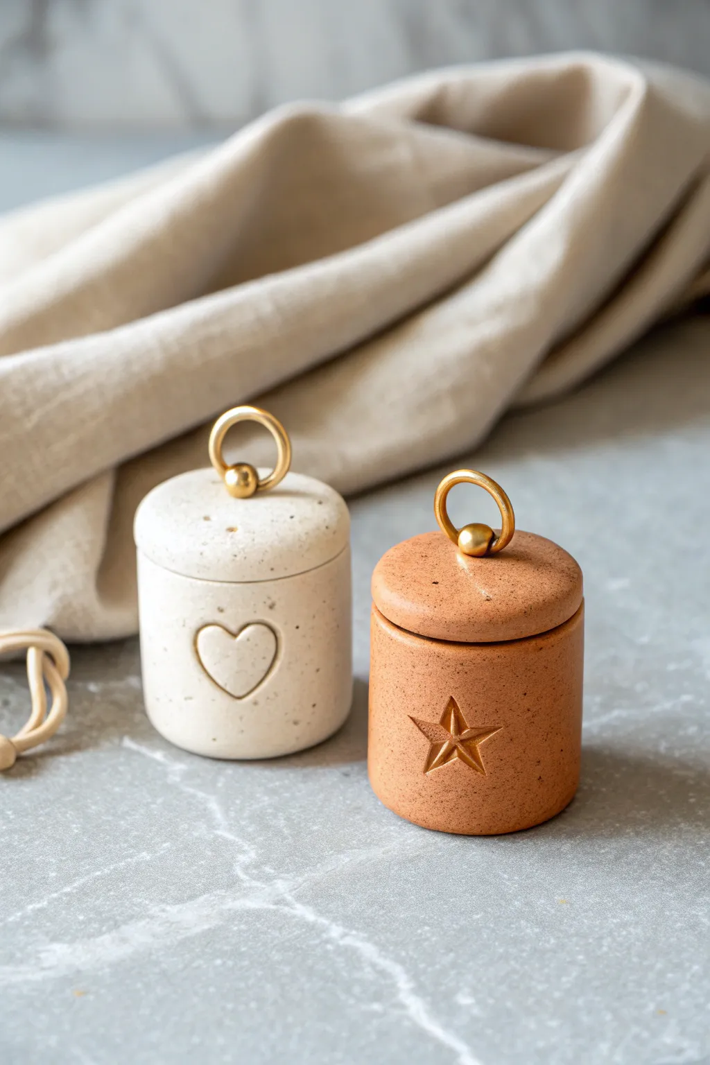 Matching mini clay emergency kit charms, heart and star pair in soft Scandinavian boho style.