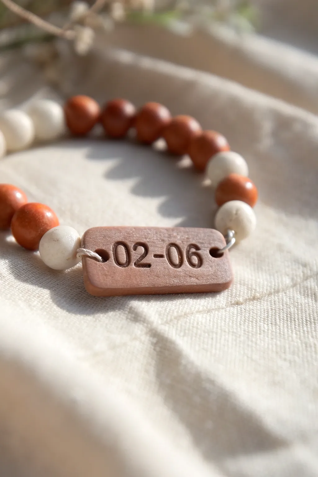 Minimalist clay bead bracelet with stamped birthday date tag, simple handmade keepsake.