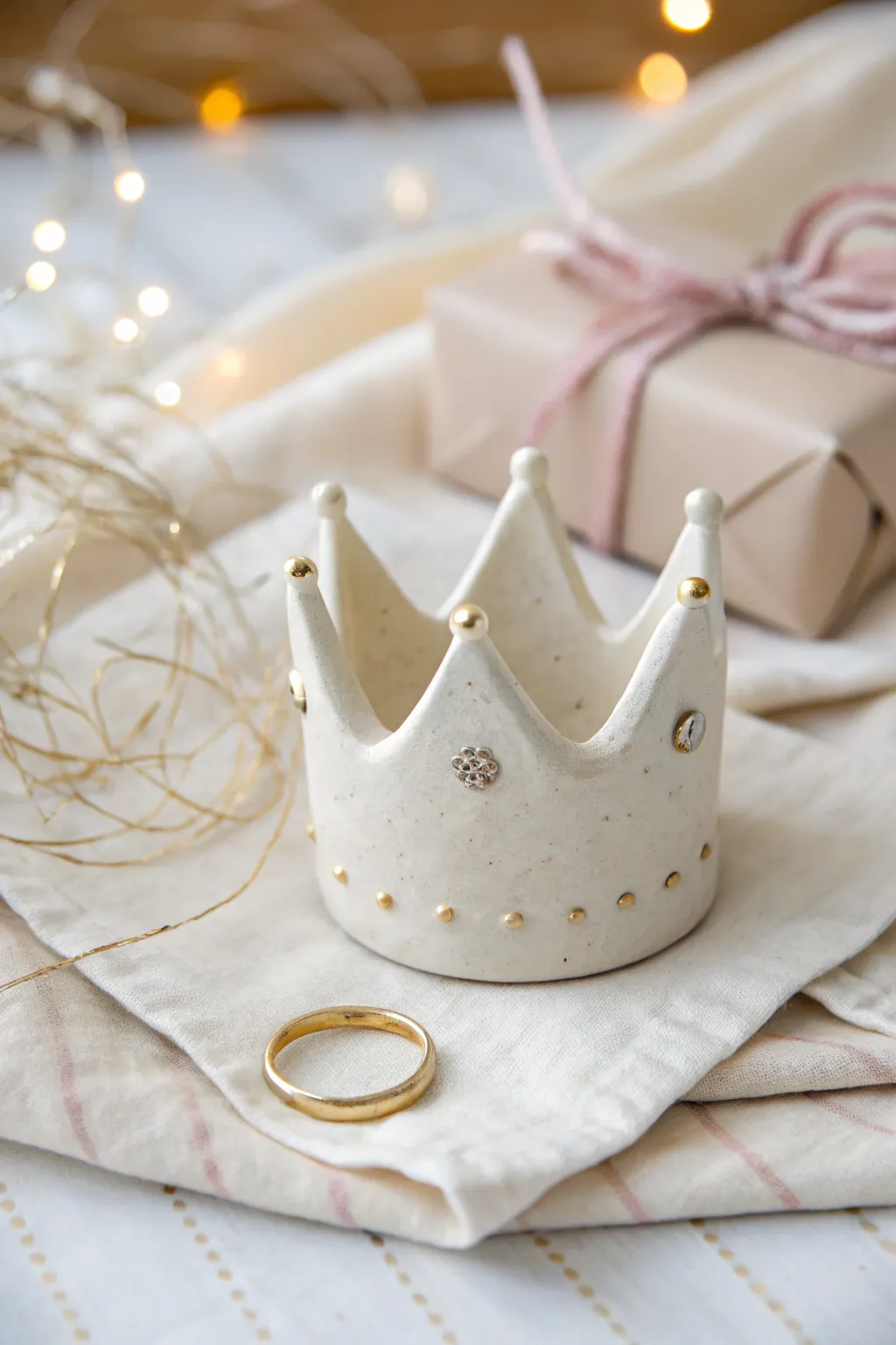Minimal clay birthday crown ring holder, gift-ready and perfect for keeping rings safe