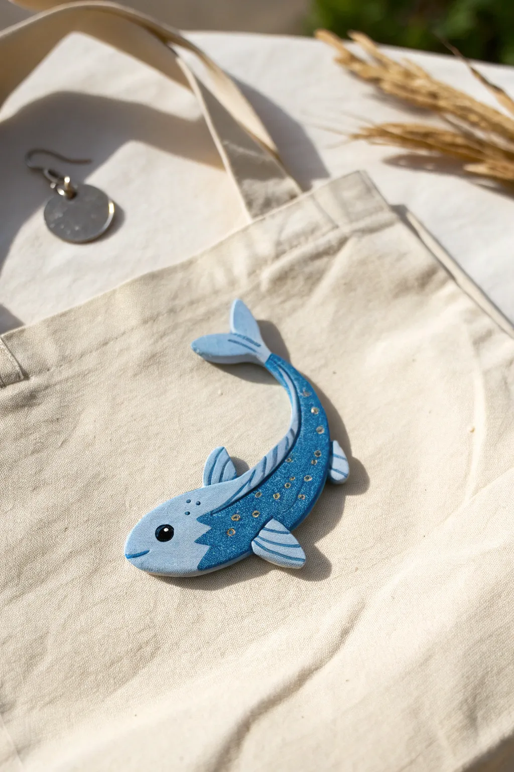 Blue koi polymer clay brooch on denim, minimalist boho vibe and crisp handcrafted detail.