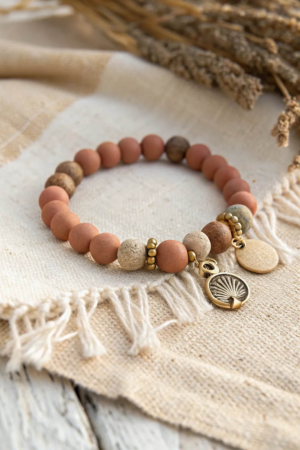 Earth tone clay bead bracelet with a tiny found charm cluster for an easy boho keepsake look