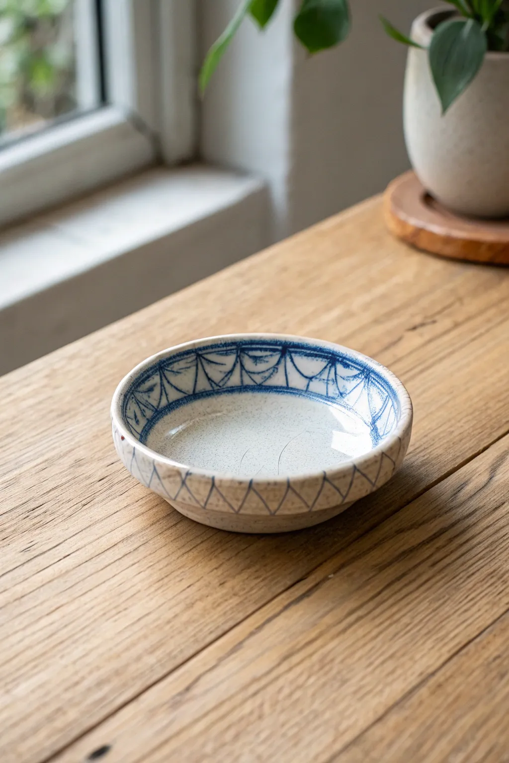 Minimal ceramic jewelry dish with a safe, grouted rim of blue china shards and soft boho charm.