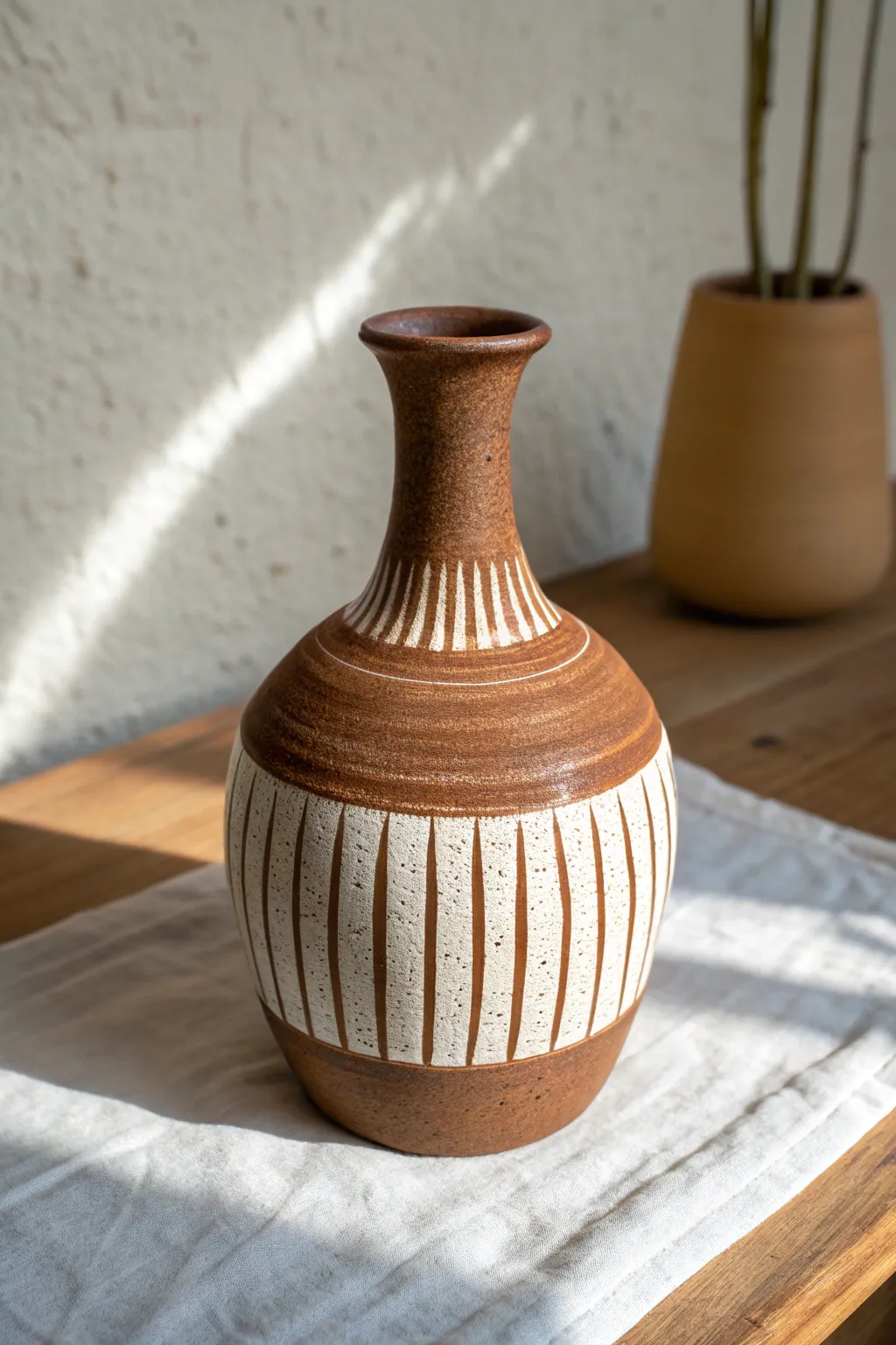 Slip-resist vase in raw brown clay with creamy glaze and a single stem, calm and modern.