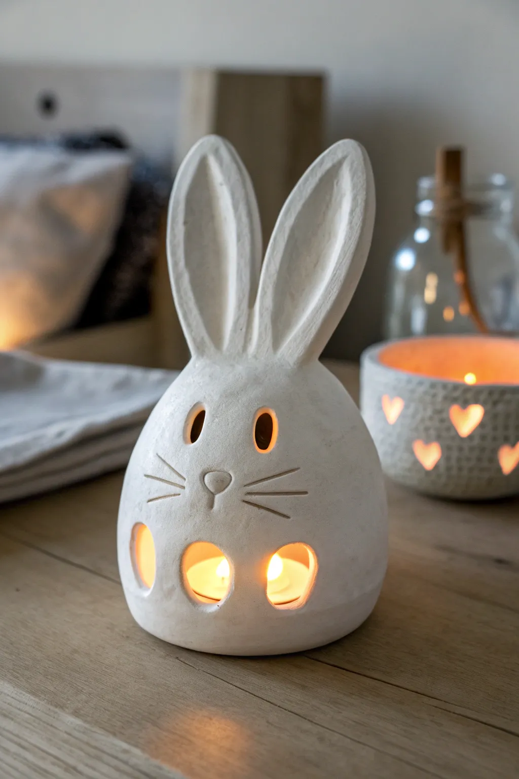 Minimal bunny tea light luminary with a soft warm glow, cozy Scandinavian boho mood
