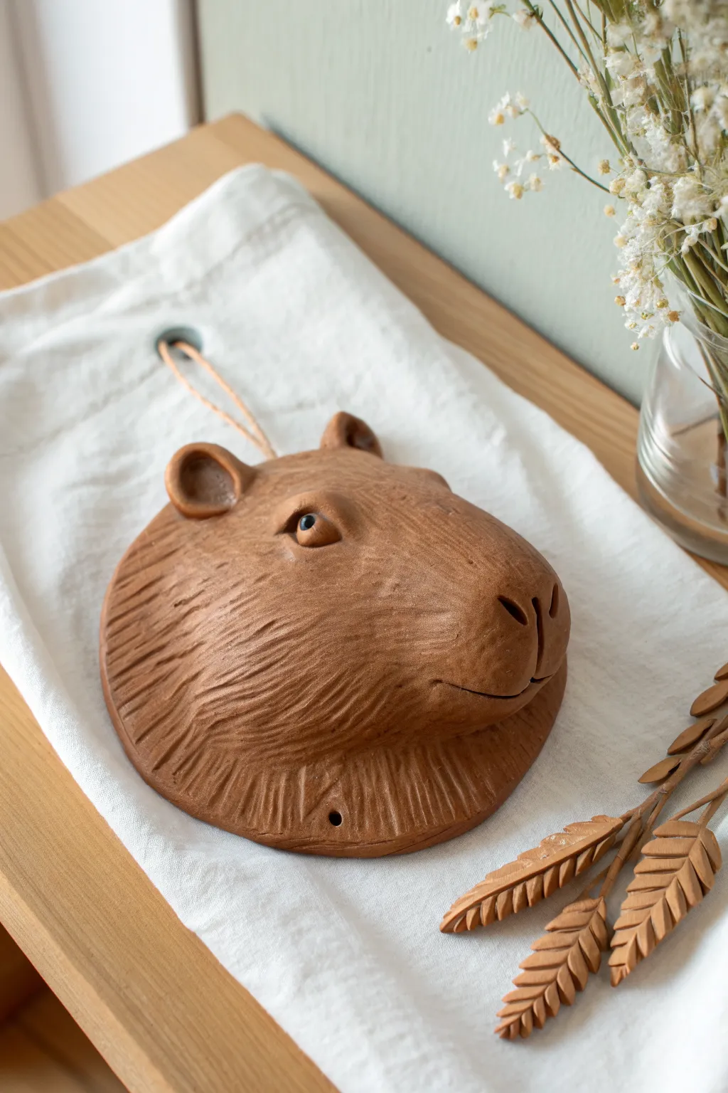 Minimal capybara face clay plaque with matte finish, ready to hang, calm Nordic boho vibe.