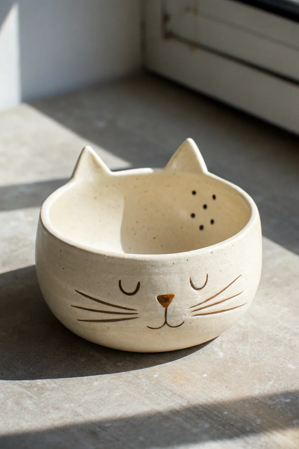 Minimal cat pinch pot with pierced whisker dots and simple cutouts in high-contrast light