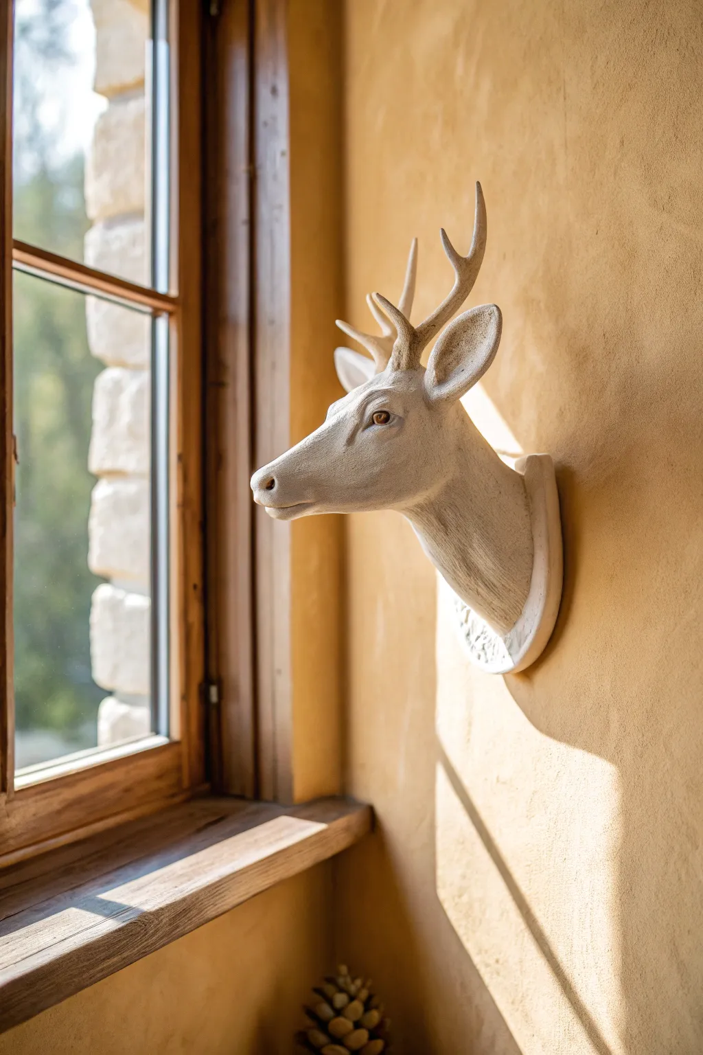A minimalist ceramic deer head wall trophy in soft natural light, perfect for cozy decor.