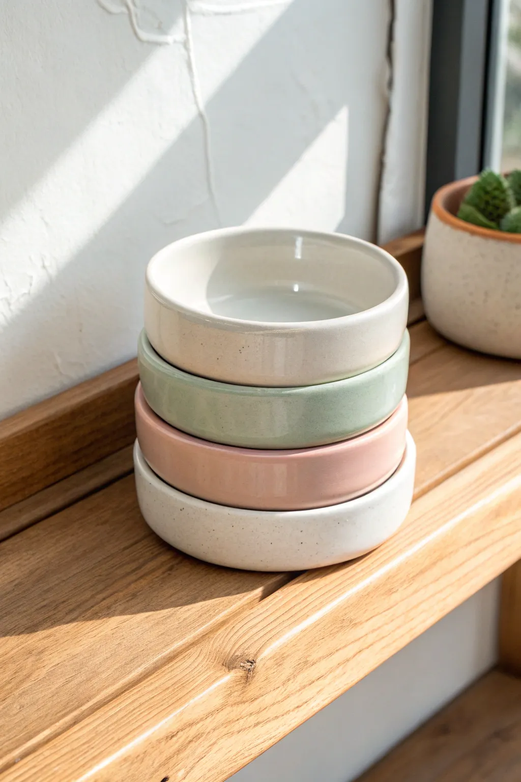 Stackable nesting ashtrays in soft sage and sand glazes, minimalist pottery with boho warmth.