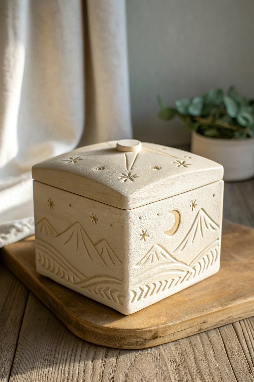 Minimal ceramic memory box with carved symbols in a calm single-glaze, modern and timeless.
