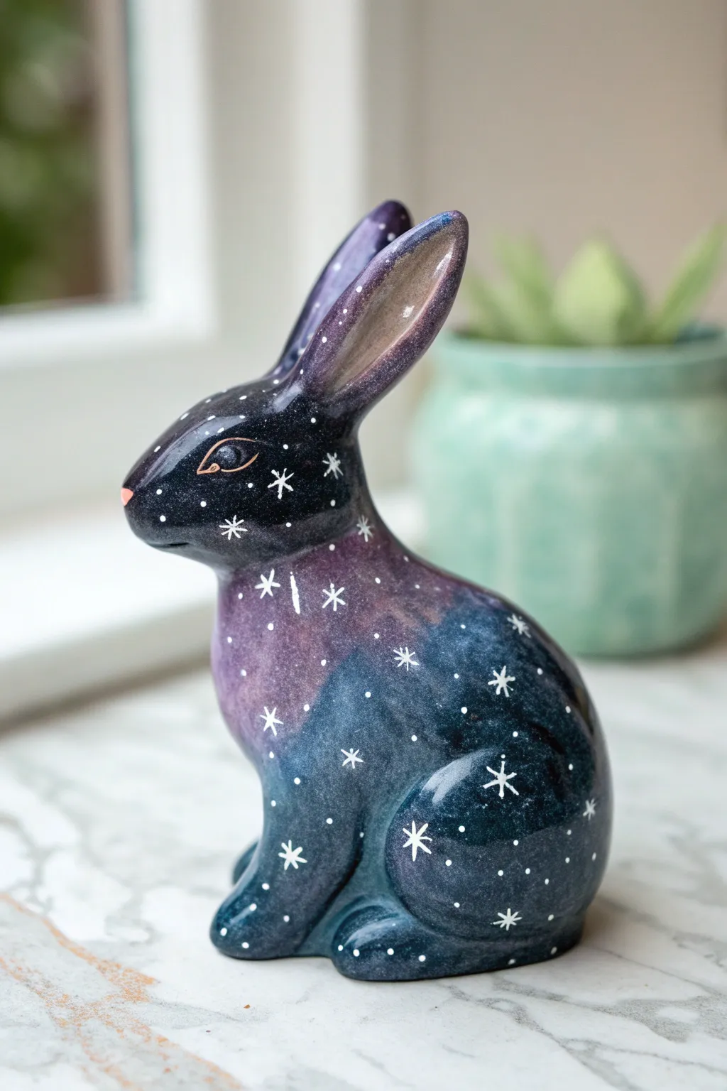 Galaxy night-sky ceramic bunny in deep navy with star speckles and a soft nebula swirl