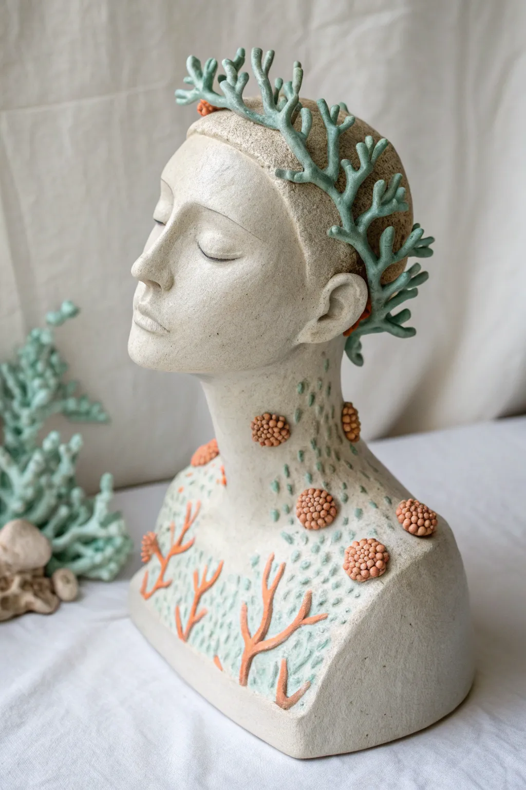 Ocean-inspired shoulder bust with coral textures, minimalist face, and calm Scandinavian-boho vibes.
