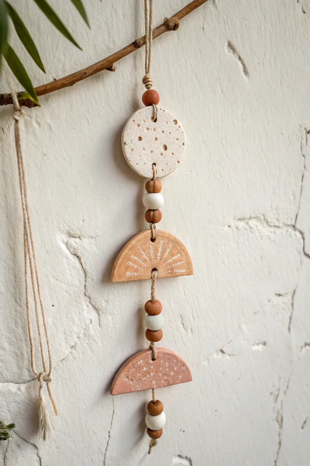 Minimal hanging ceramic totem with soft glazes and stamped textures for calm boho walls.