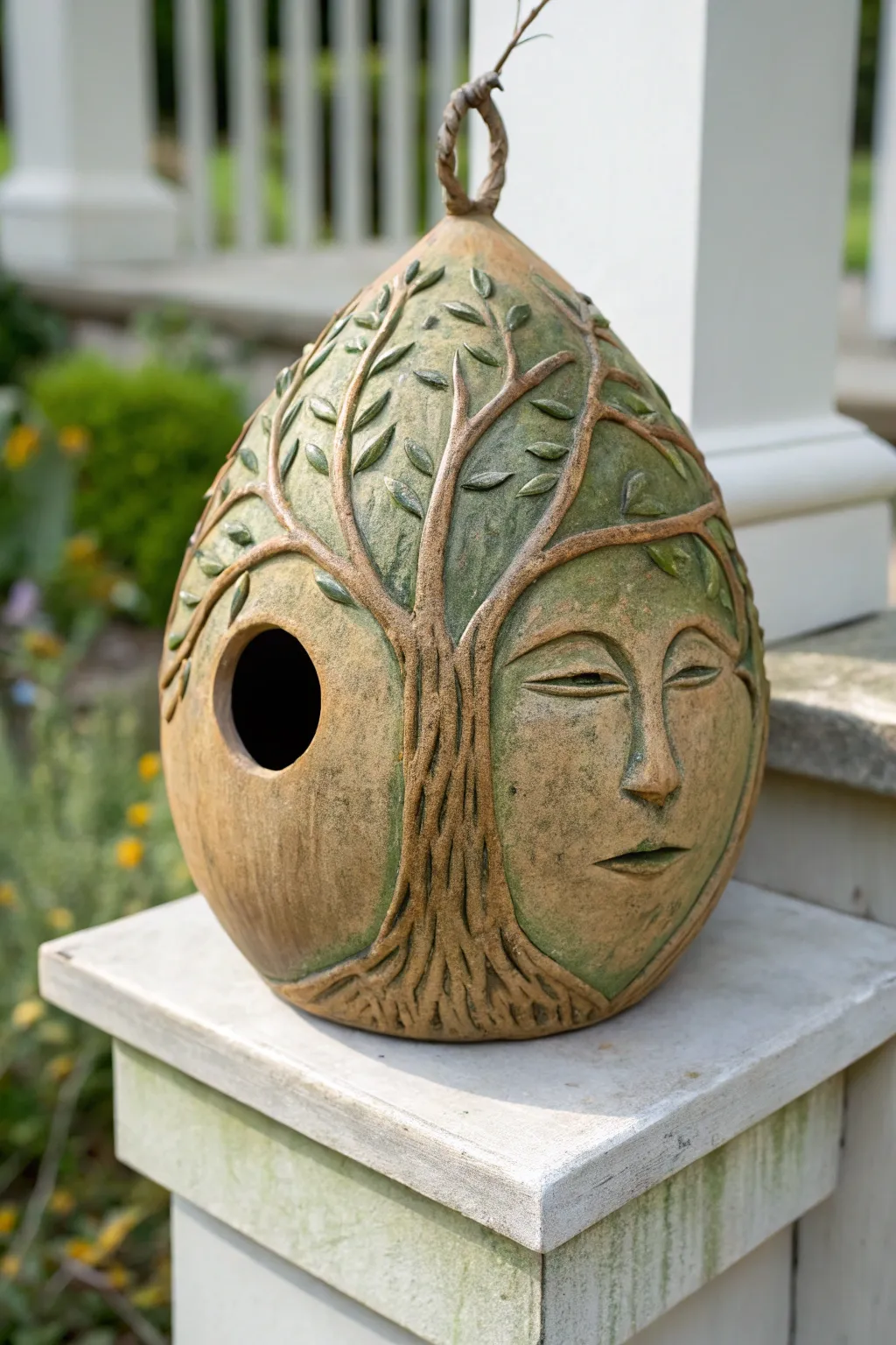 A cozy tree-face ceramic birdhouse in earthy greens and browns, styled with minimalist Nordic calm.