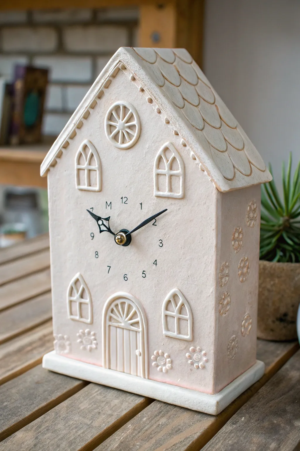 Little cottage ceramic clock in soft pastels, minimalist and cozy, handcrafted charm.