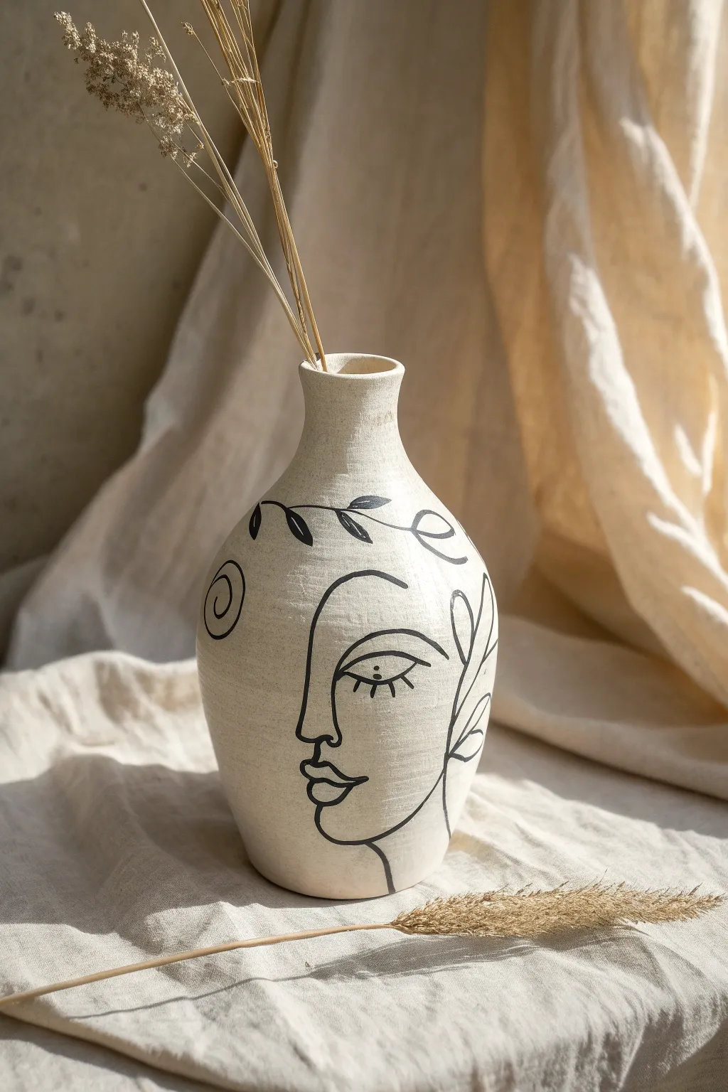 Minimalist vase with a continuous one-line face drawing, styled in calm Scandi-boho tones.