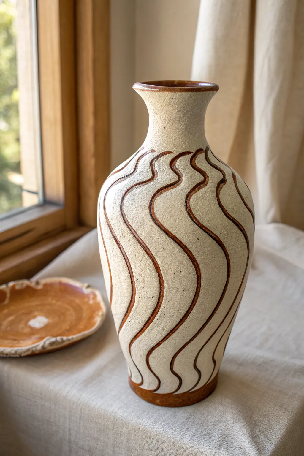 Slip-trailed squiggles + bold glaze make this minimalist vase pop with instant texture