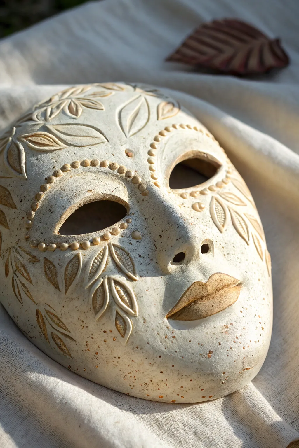 Lace and leaf imprints transform a minimalist ceramic mask into a tactile boho statement.