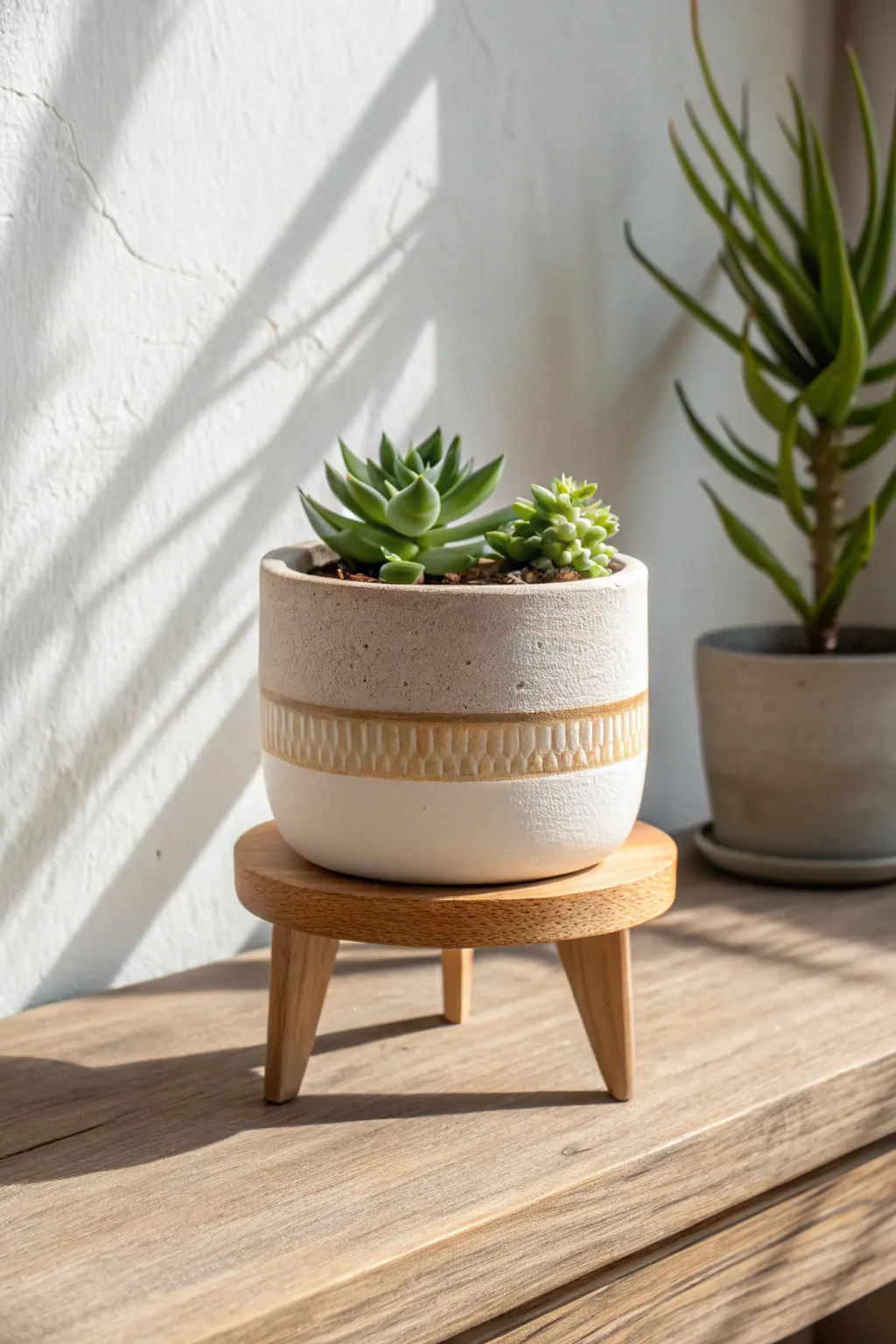 Minimal tripod-feet ceramic planter with a sweet succulent lift, clean Nordic-boho styling
