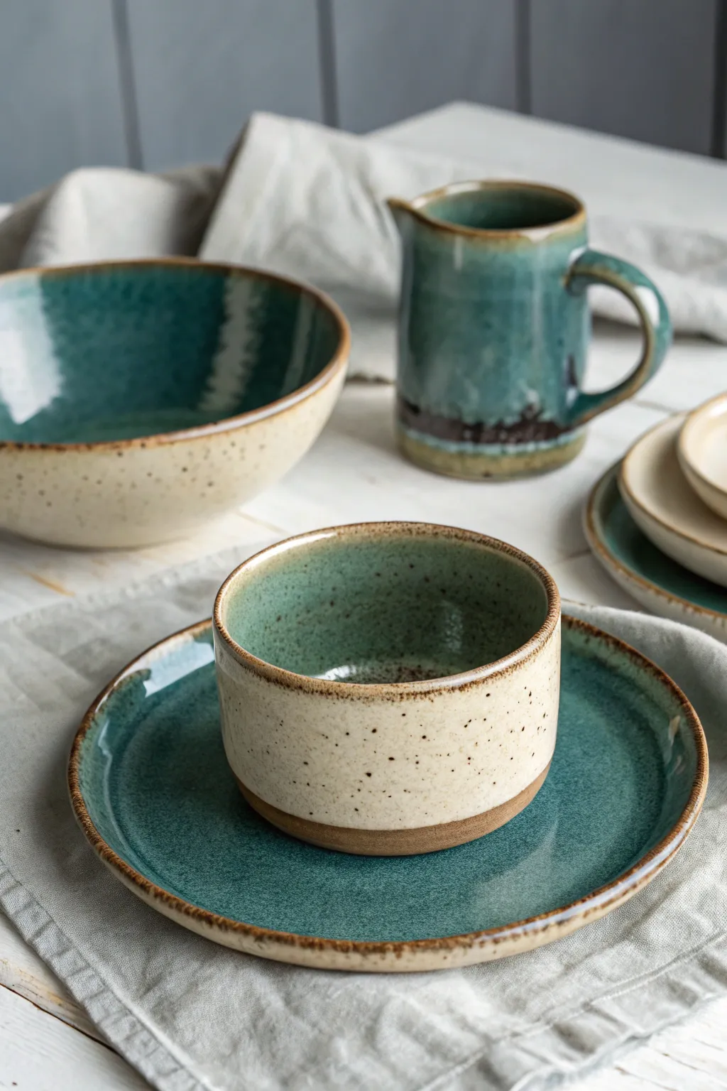Reactive glaze trio: mug, bowl, plate reveal crisp rim breaks and deep pooled curves.