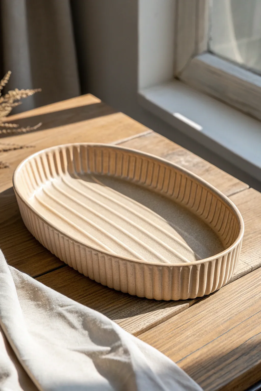 Fluted ceramic tray in a single matte glaze, side-lit to reveal crisp shadow grooves.