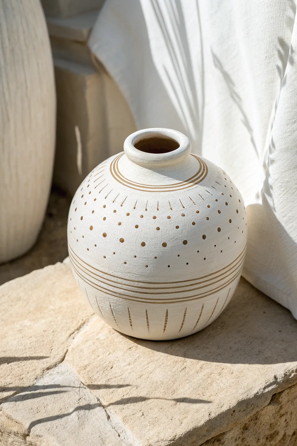 Glossy rounded vase with wax resist dots and lines, a simple Scandinavian-boho accent.