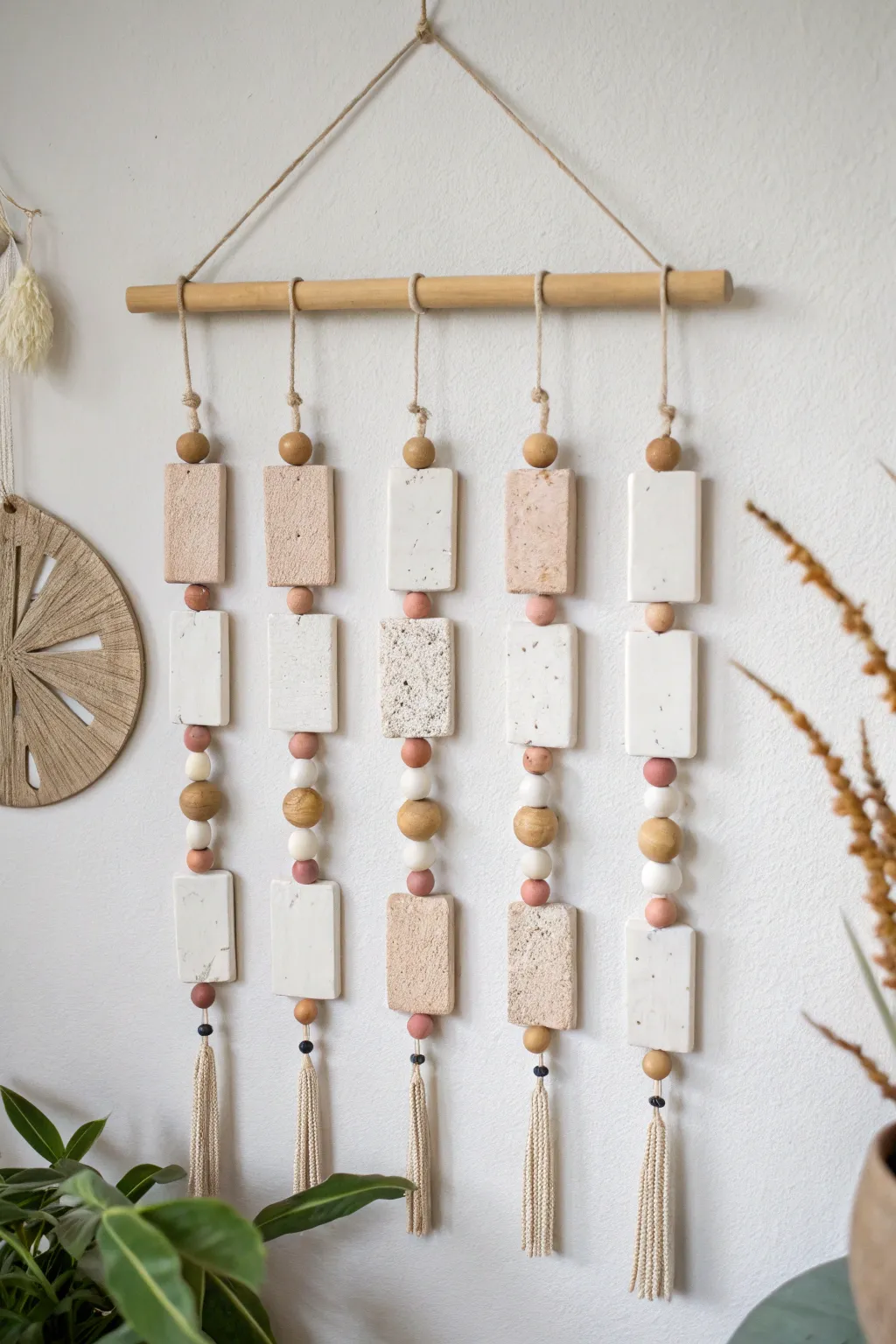 Simple strung ceramic tiles create a soft, boho-minimal wall hanging with handmade texture.