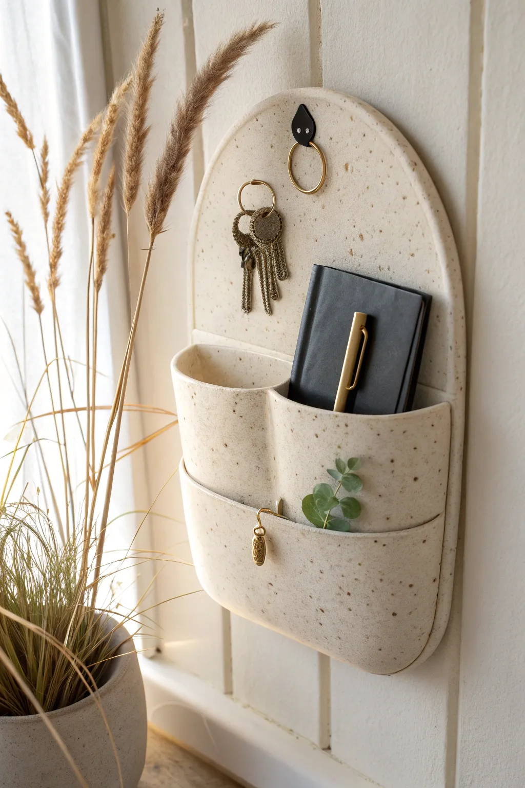 Double wall pocket: dried blooms in one side, keys and clips in the other—minimal and cozy