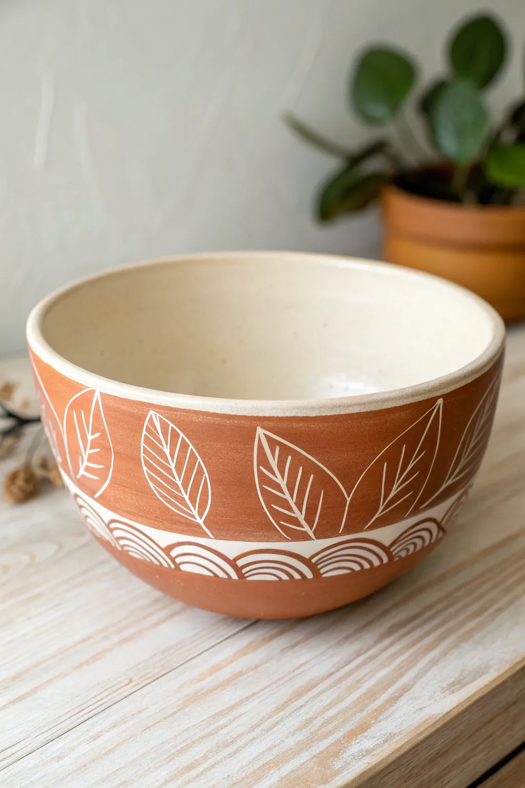 Beginner sgraffito bowl with simple carved florals, crisp contrast, calm Scandinavian style