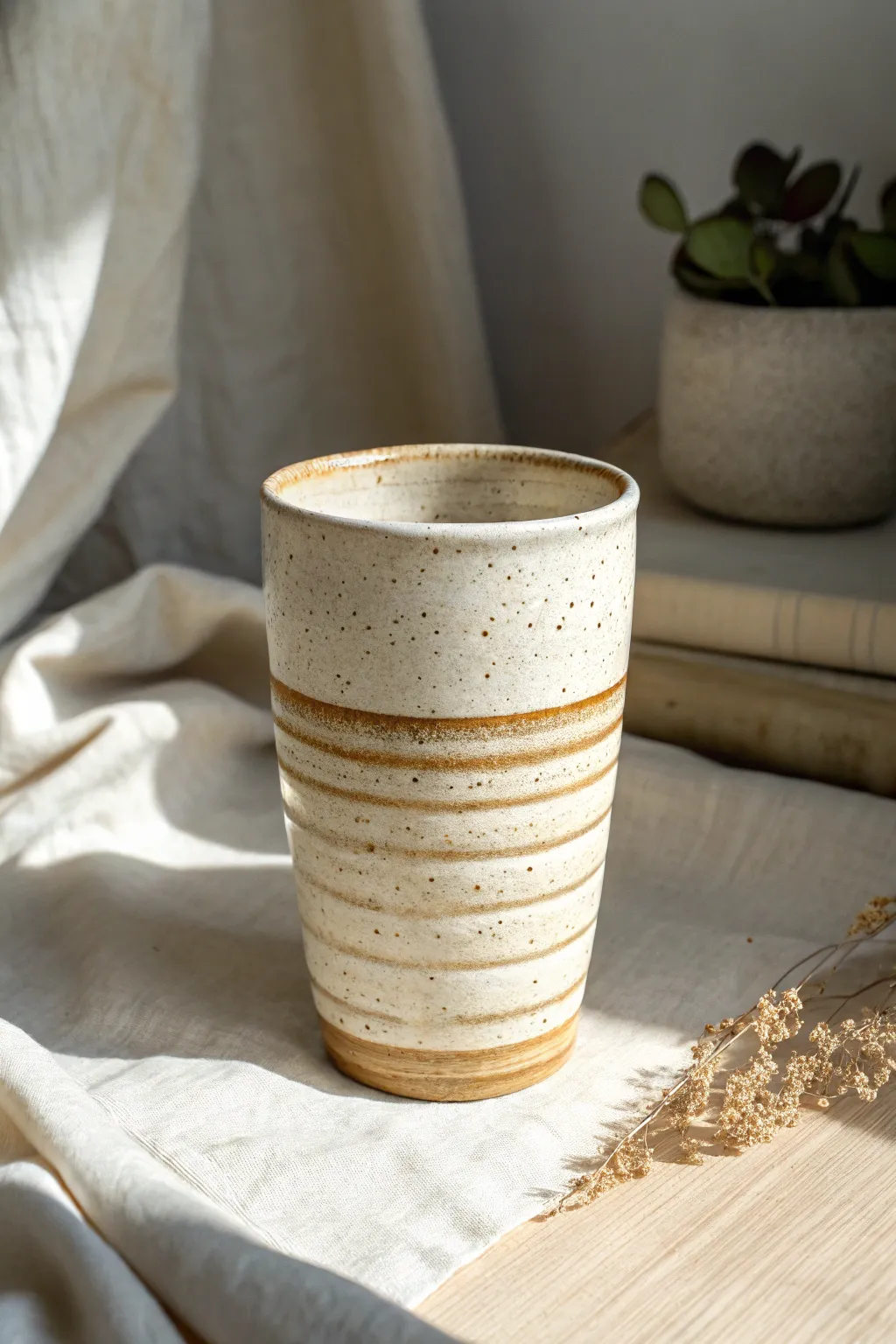 Tall ceramic cup with layered slip carved into topographic ridges under a clear glossy glaze