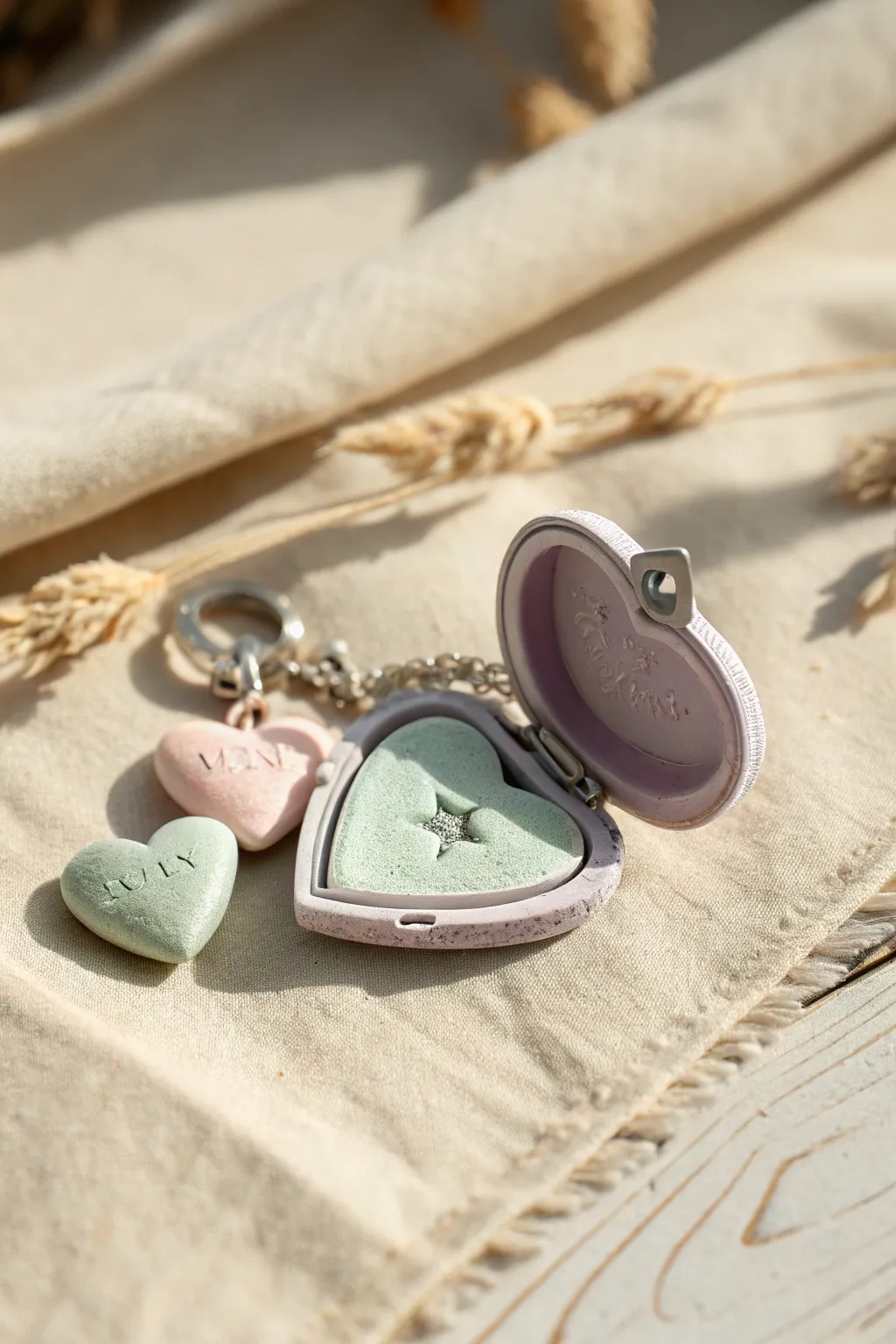 Pastel heart locket charm with a tiny hidden clay symbol inside, minimal and sweet.