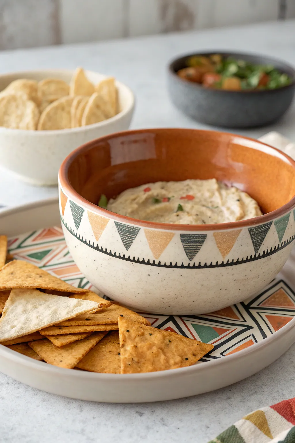 Geometric color blocking with a bold contrasting dip well for a modern chip and dip bowl