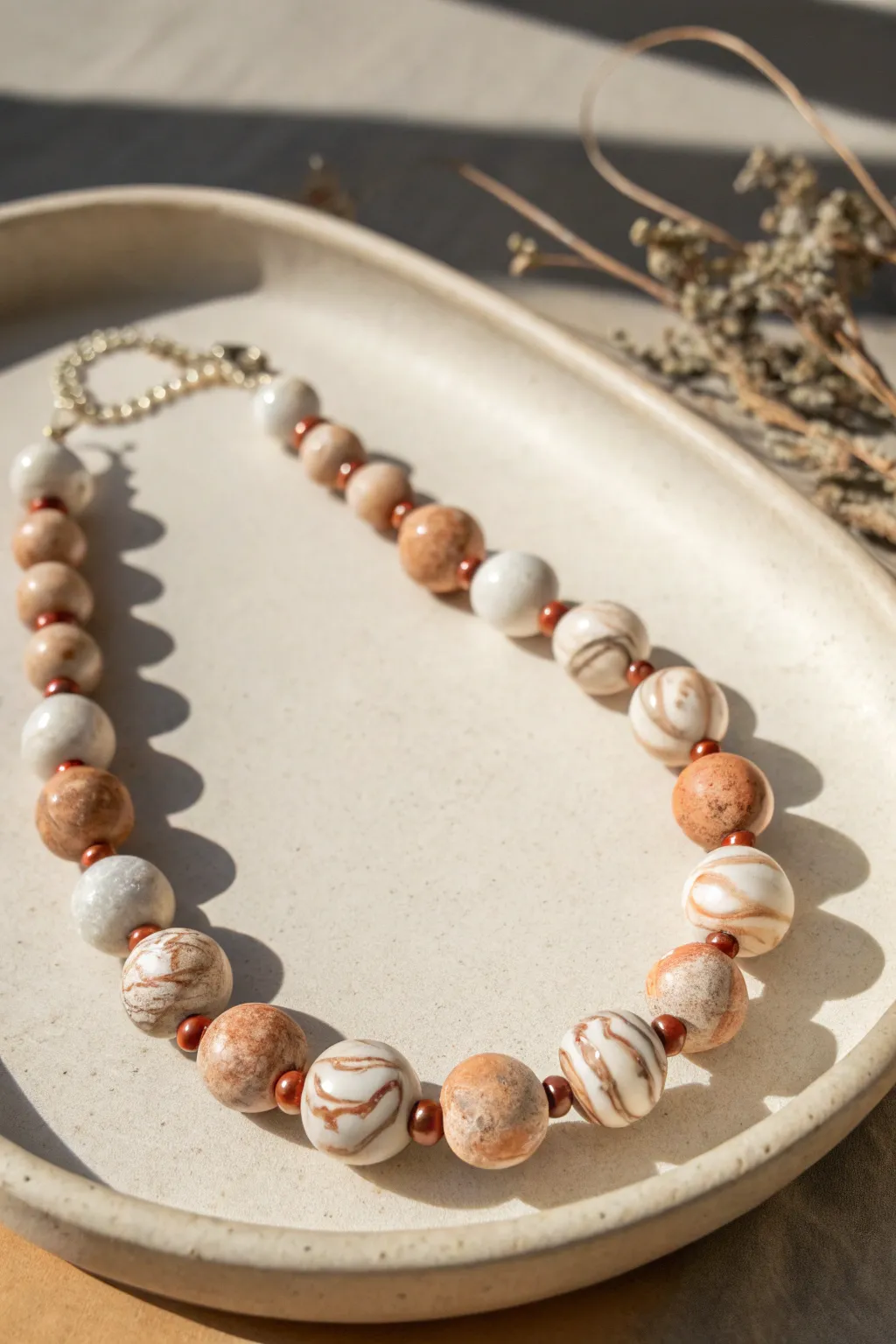 DIY-friendly marbled clay bead statement choker styled on a minimal ceramic tray, soft Nordic boho.