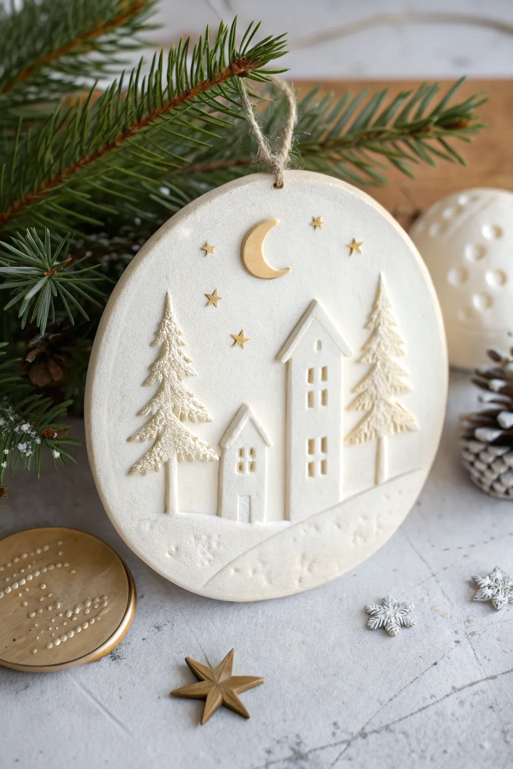 Mini air clay village plaque with snowy accents, perfect cozy Christmas decor for small spaces.