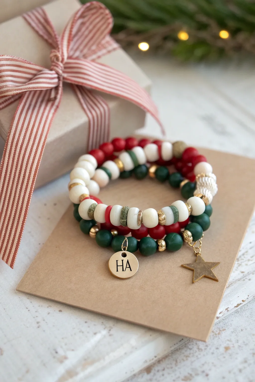 Minimal Christmas clay bead bracelet gift set, bundled and ready for a sweet stocking stuffer