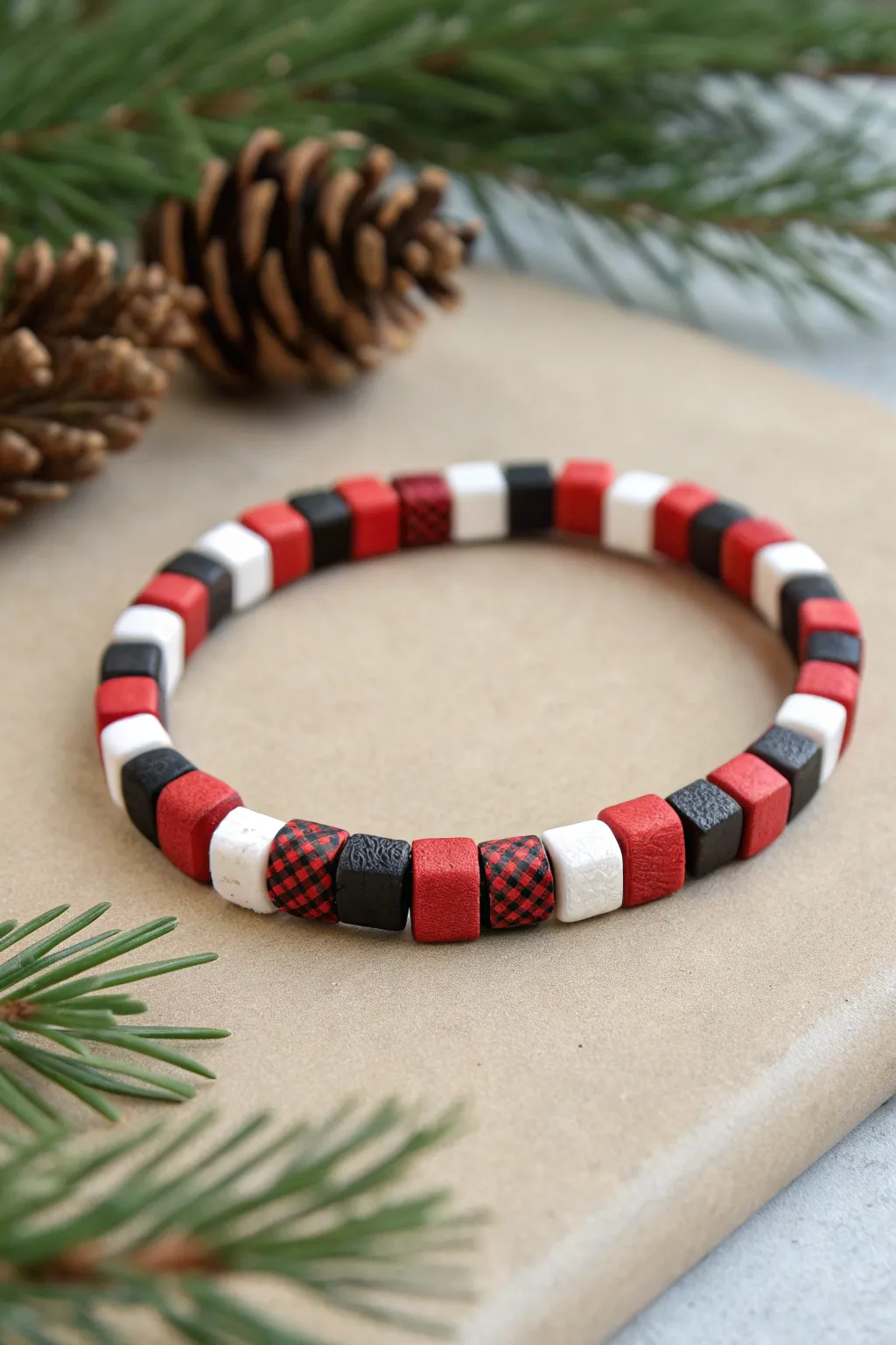 Buffalo plaid clay bracelet in red, black, and white on kraft paper with pine, crisp and festive.