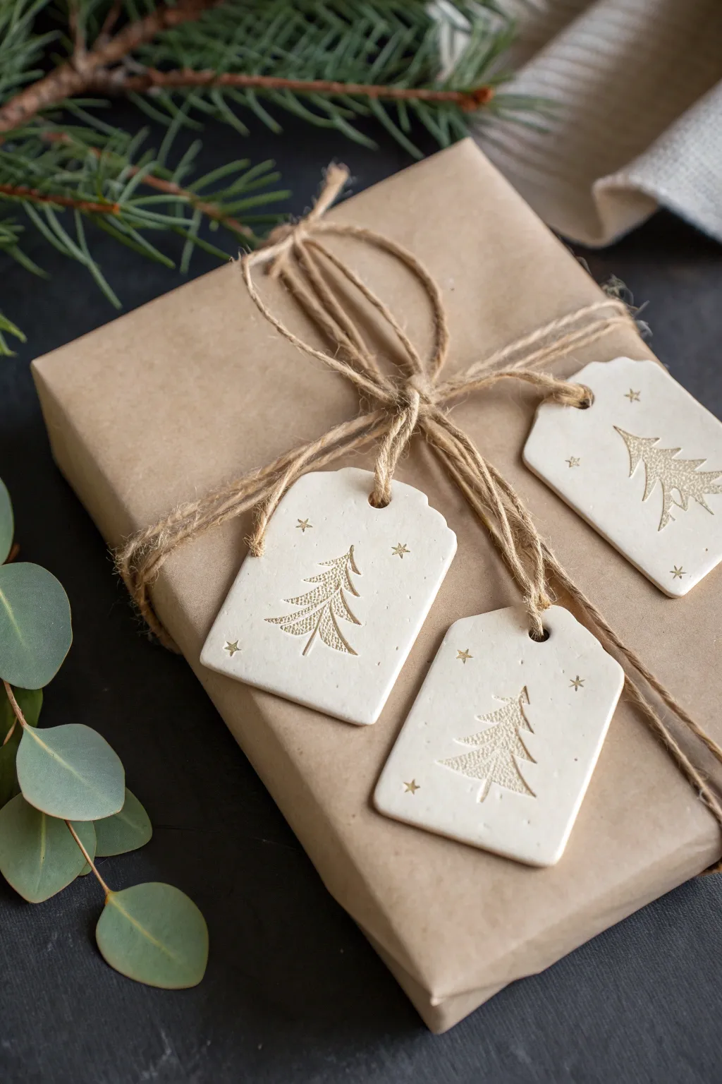 Minimalist Christmas clay gift tags with embossed stars, tied to a kraft-wrapped present