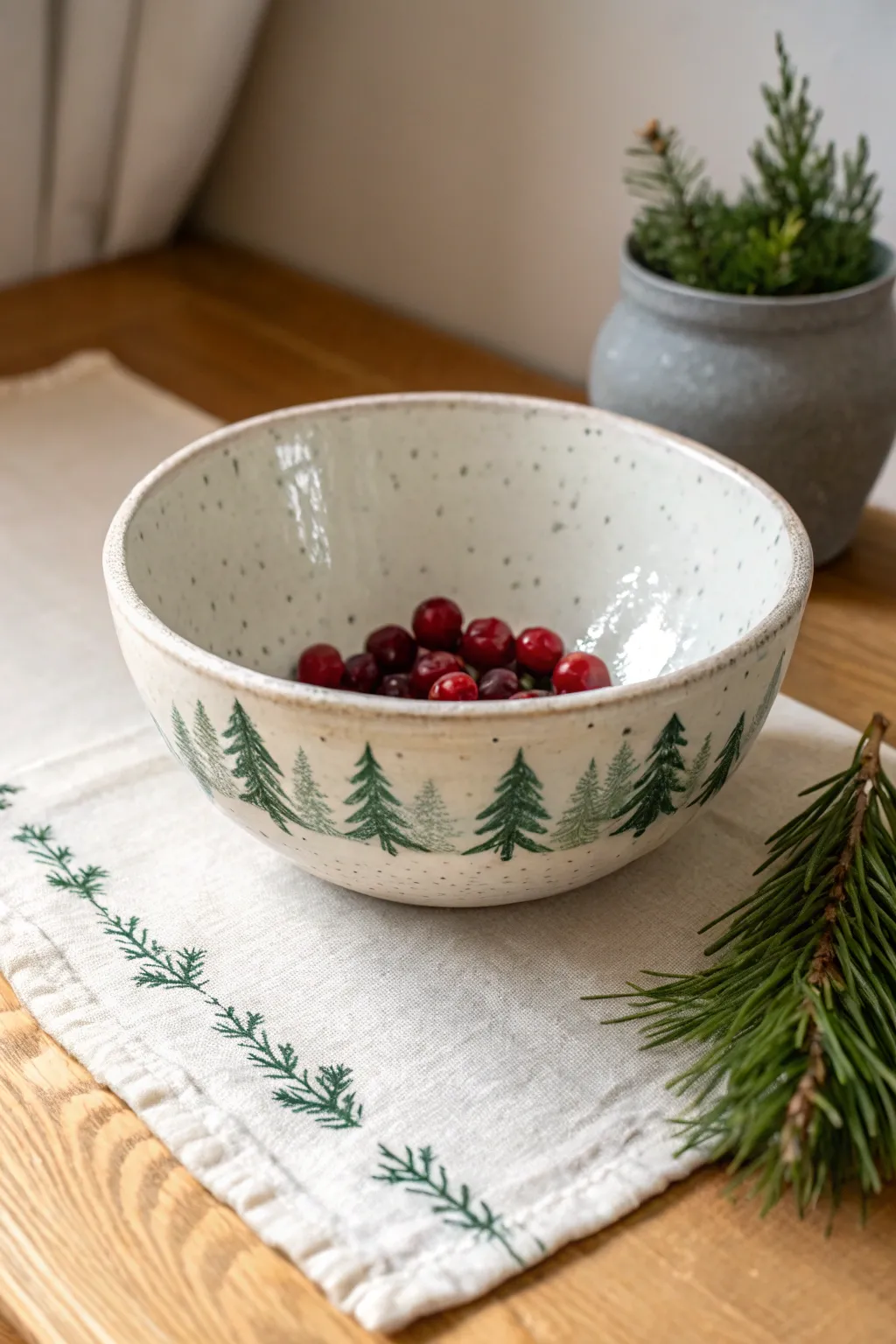 Snow speckled serving bowl with evergreen rim, styled with cranberries for holiday sides