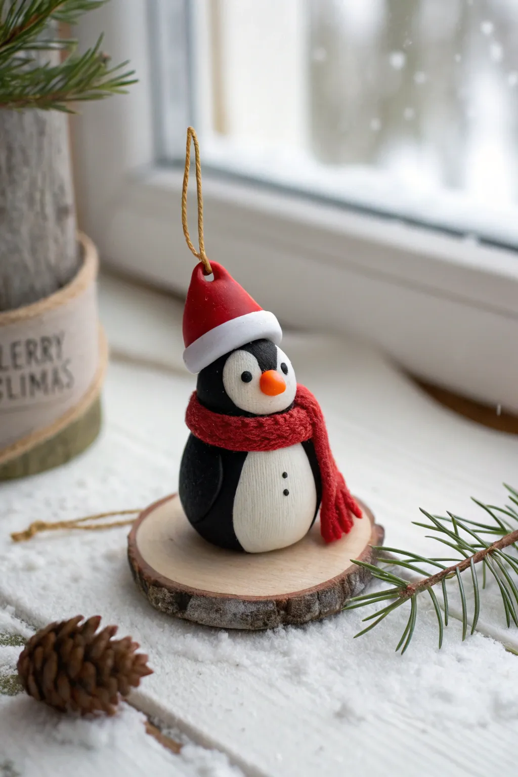 Minimal clay penguin ornament in Santa hat with tiny scarf, cozy Scandinavian Christmas mood