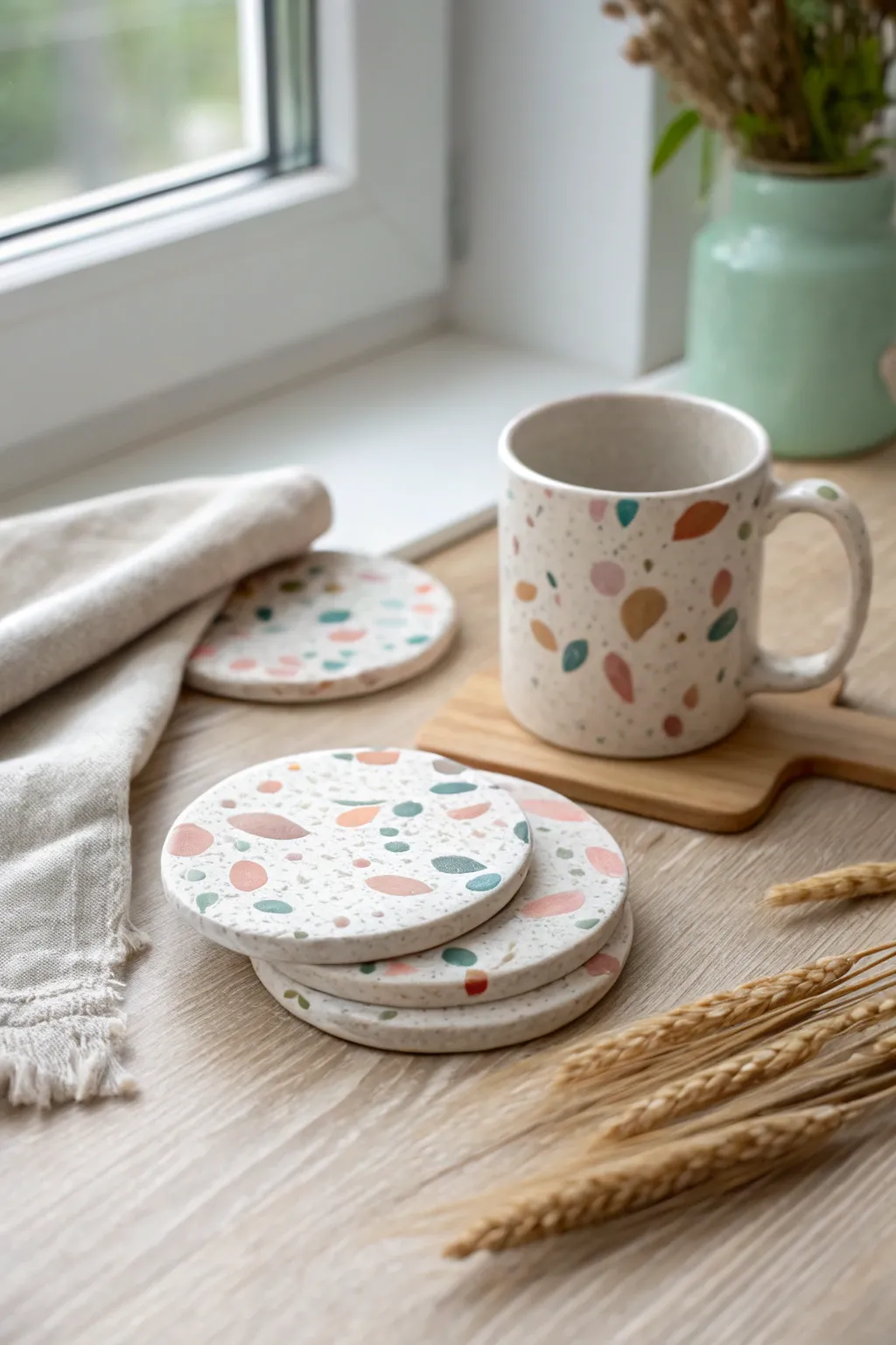 Terrazzo confetti circle coasters with clean edges and satin finish, styled in soft Nordic light.
