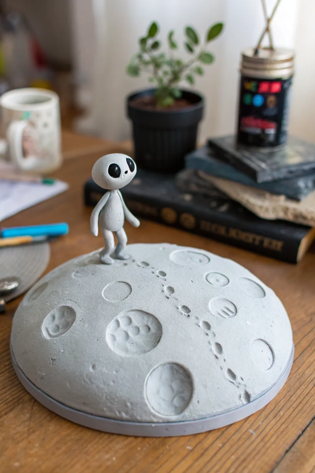 Mini clay alien on a cratered moon base, with crisp tracks and subtle metallic sparkle.
